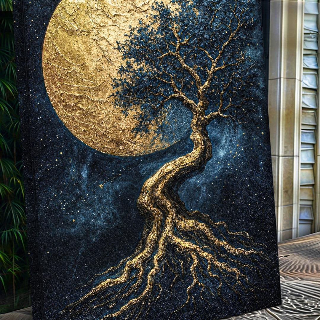Close-up of tree of life wall canvas with gold moon, blue stars, and gilded branches