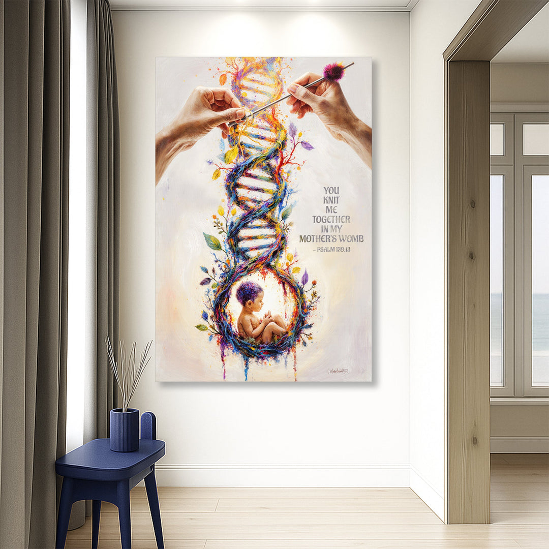 Vertical canvas wall art with colorful DNA heart design and baby figure in detailed splash colors
