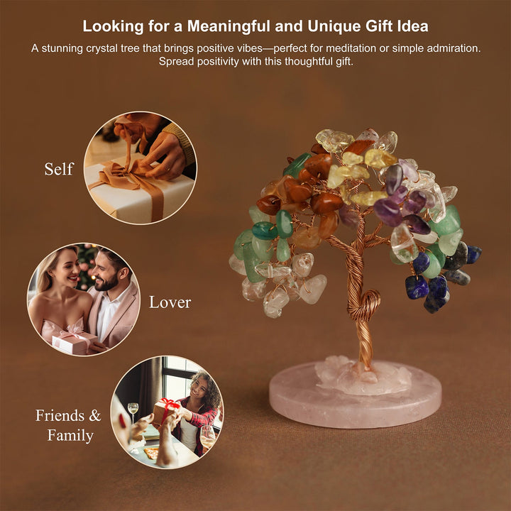 Mini crystal tree with multicolor gemstones on pink stone base