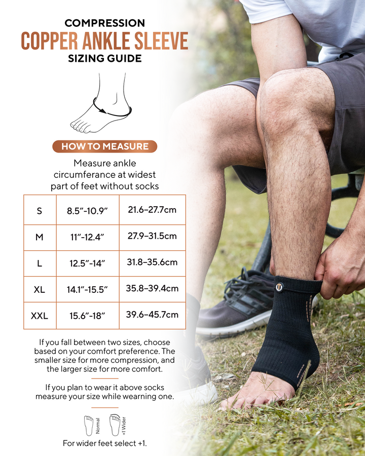 Black copper ankle sleeve sizing guide showing ankle circumference measurements