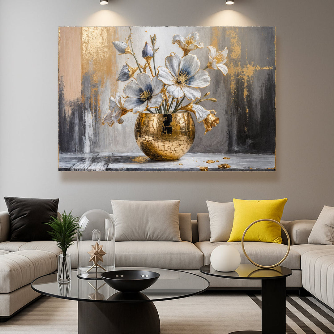 Abstract floral wall art with blue magnolia blooms and a gold patterned vase