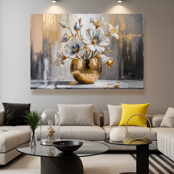 Abstract floral wall art with blue magnolia blooms and a gold patterned vase
