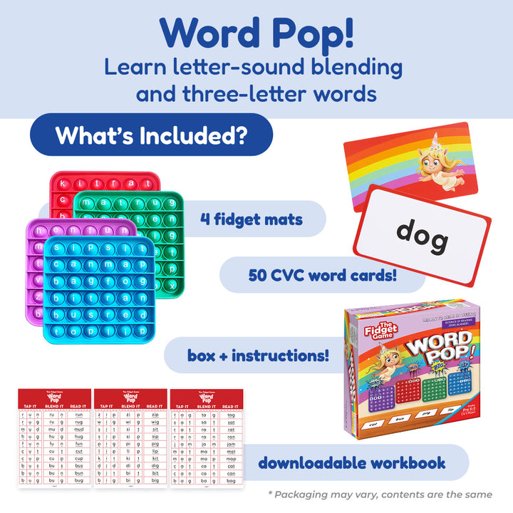 Word Pop learning kit with four fidget mats, word cards, and a letter-sound guide