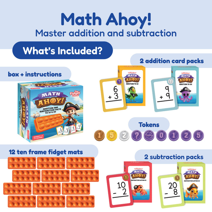 Math Ahoy addition and subtraction game with ten-frame fidget mats and instruction cards