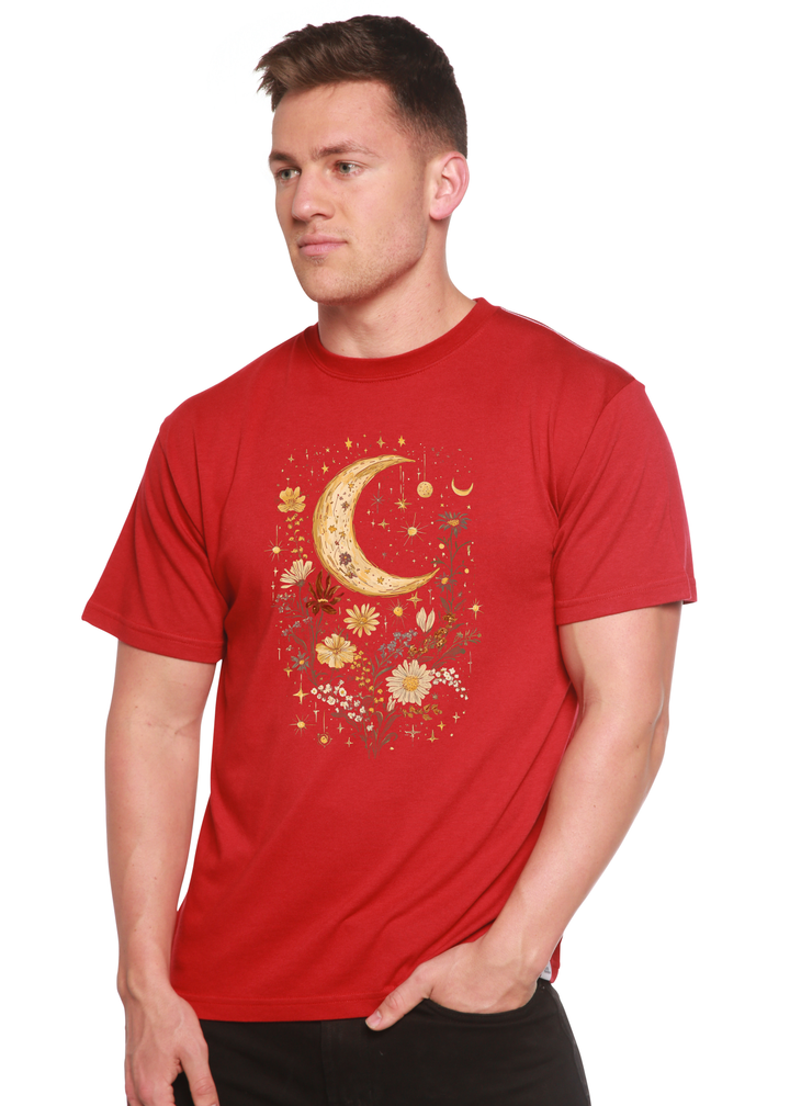Unisex graphic T-shirt in red with gold crescent moon and floral print.