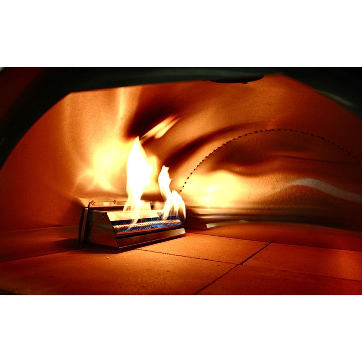 Interior view of pizza oven with flames inside the domed cooking chamber