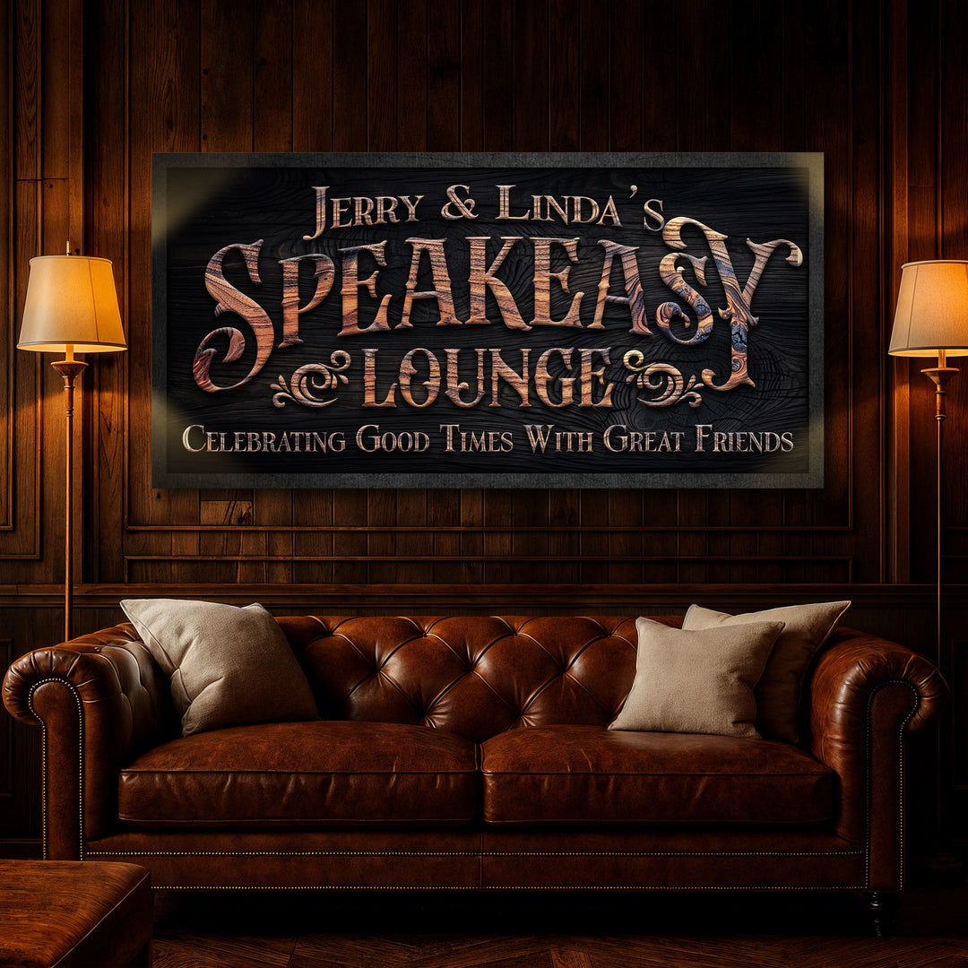 Speakeasy lounge wall sign centered above a brown tufted sofa with matching warm decor.