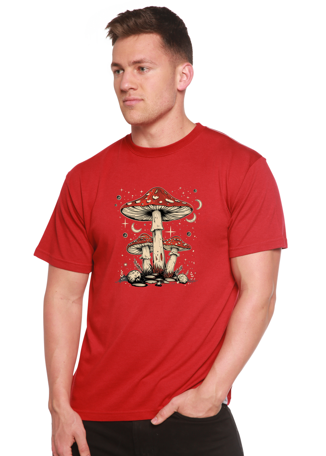 Red unisex T-shirt with stacked red-and-brown mushrooms graphic on the front