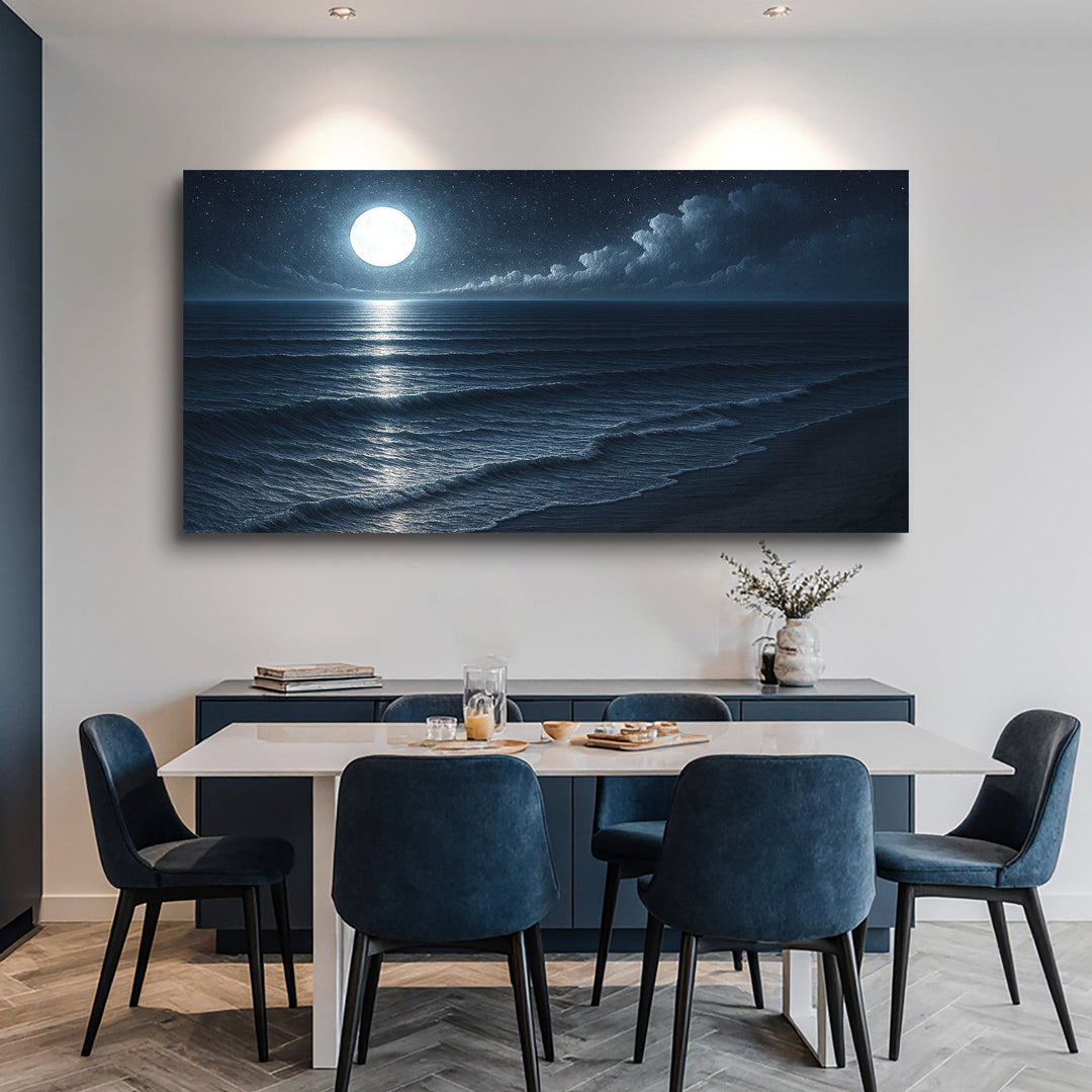 Moonlit ocean landscape wall canvas with full moon over calm waves