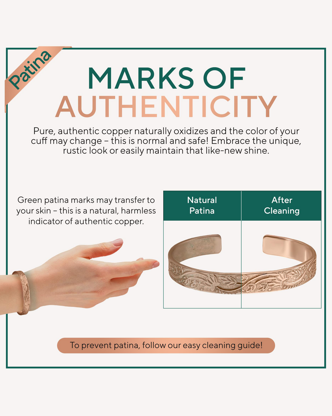 Rose copper floral cuff bracelet with embossed scrollwork and open adjustable band