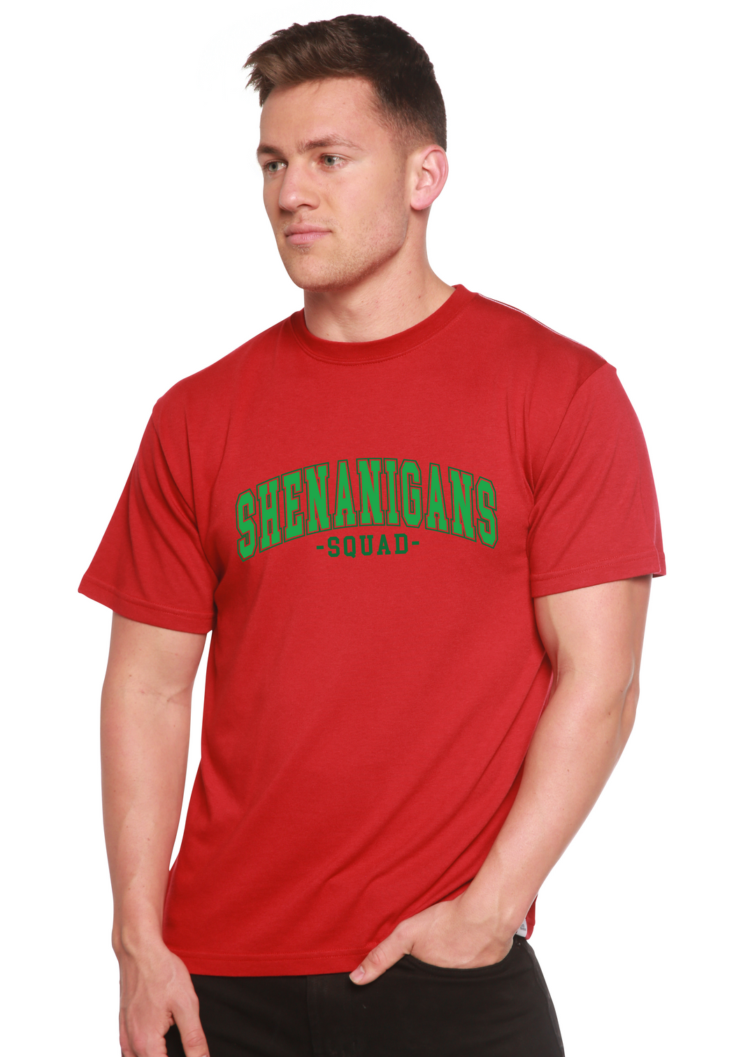 Red unisex graphic T-shirt with green “SHENANIGANS SQUAD” chest print