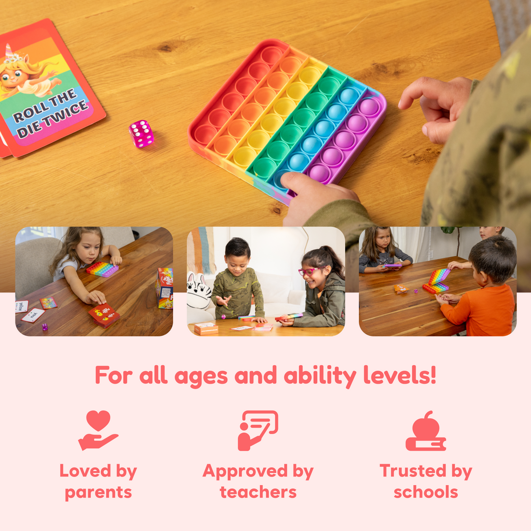 Rainbow pop-it fidget mat and sight words cards during play on tabletop