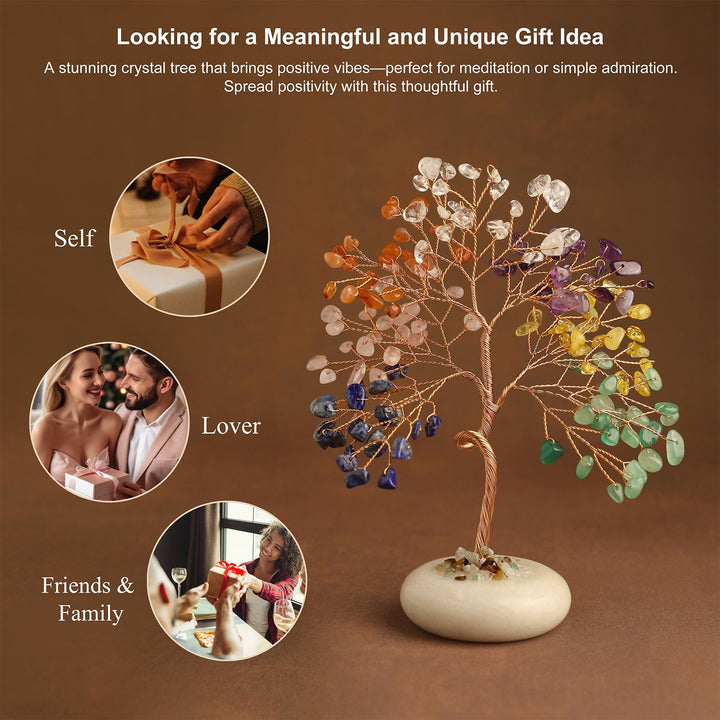 Crystal tree ornament with multicolor gemstone leaves and white jade base