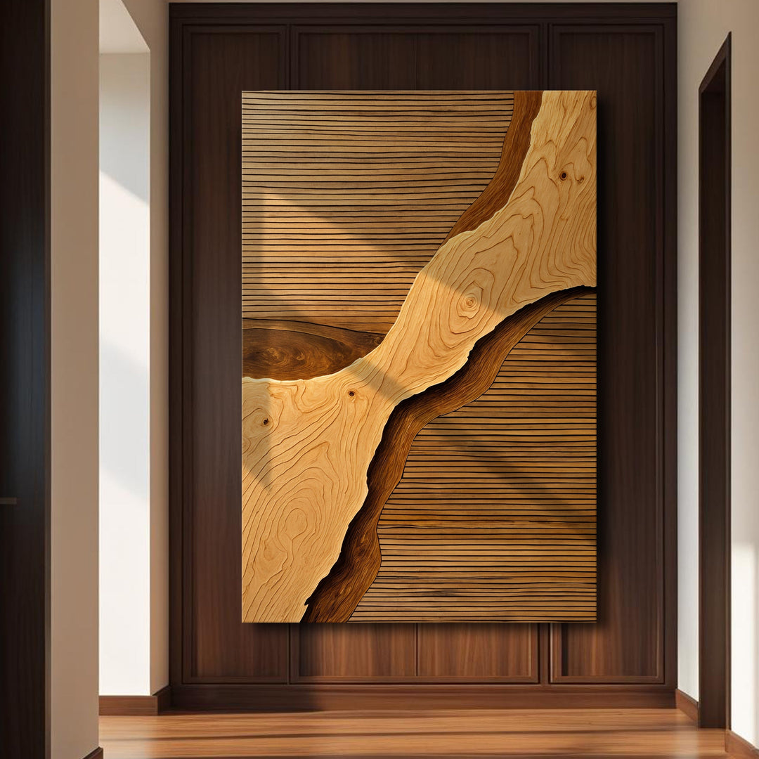 Wood rift wall art centered in dark wood frame with river-like wood grain