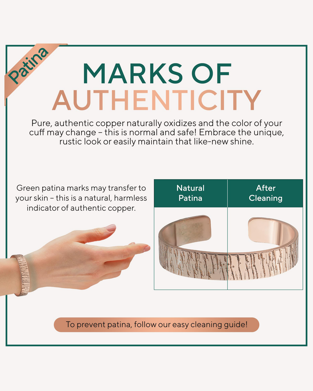 Copper cuff bracelet with natural patina look and hammered texture on the band.
