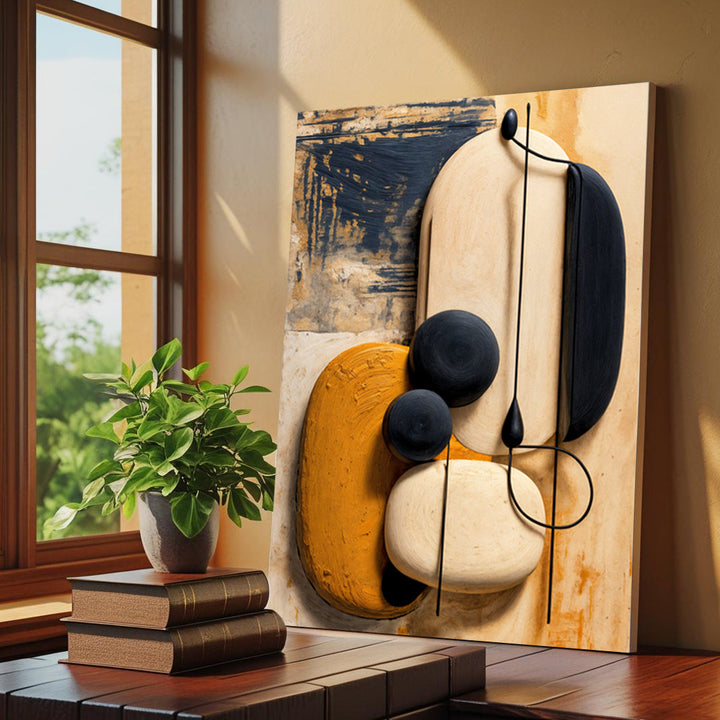 Abstract wall art canvas showing cream and orange forms with dark navy lines and circles