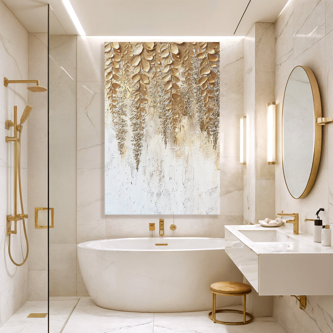 Gold and cream wisteria textured wall art canvas with dripped paint effect