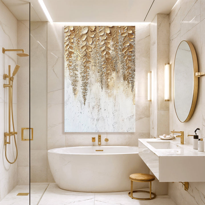 Gold and cream wisteria textured wall art canvas with dripped paint effect
