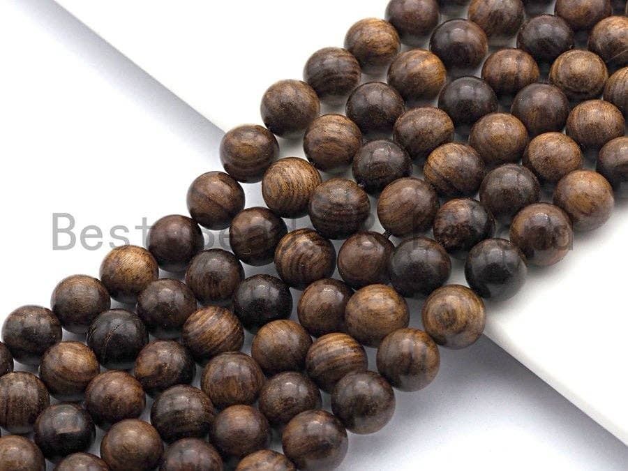 Round natural wood beads strand with mixed dark brown and golden grain highlights