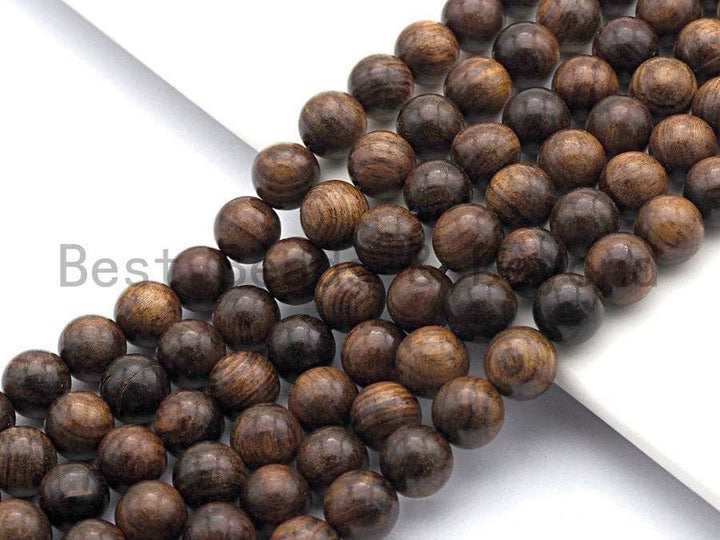 Round natural wood beads strand with mixed dark brown and golden grain highlights