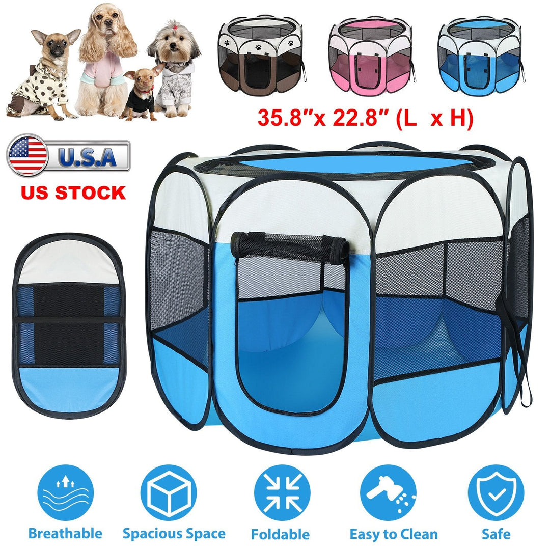 Foldable pet exercise tent with mesh panels and carry handle, blue and black.