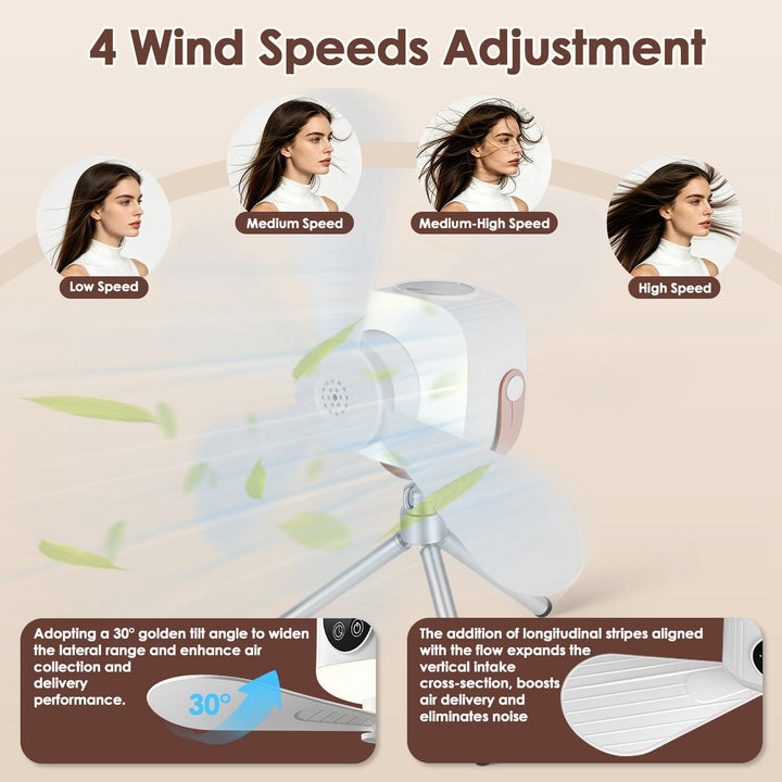 Camping ceiling fan showing four wind speed adjustment levels with LED light