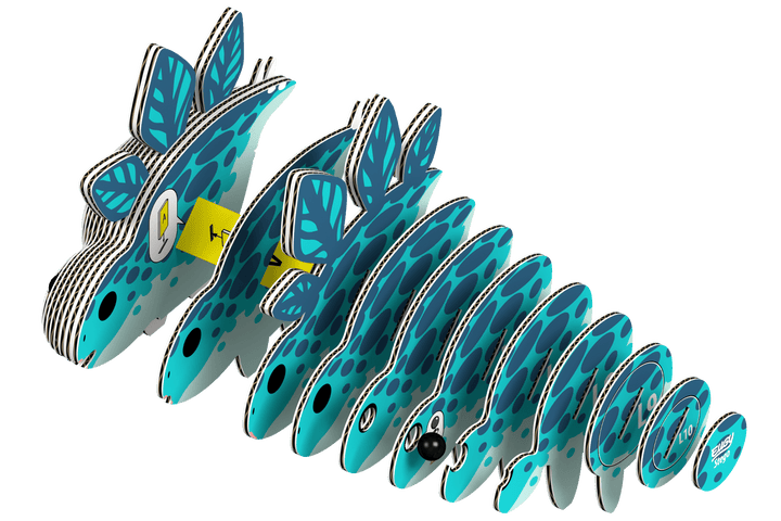 Teal-blue Stego 3D puzzle dinosaur laid out, showing layered body pieces
