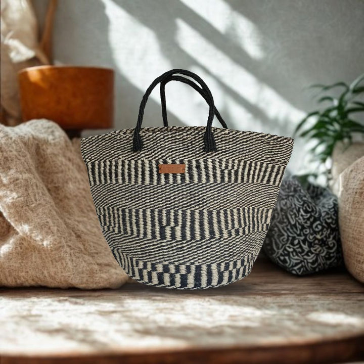 Balance Stripes Handmade Sisal Beach Market Sustainable Straw Basket Tote Bag