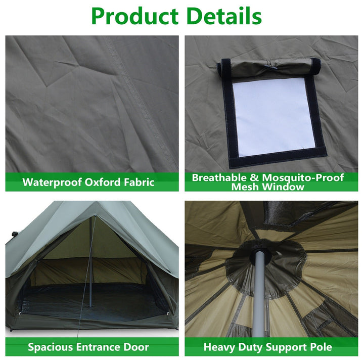 Oxford bell tent detail panels: mesh window, entrance door, and heavy-duty support pole.