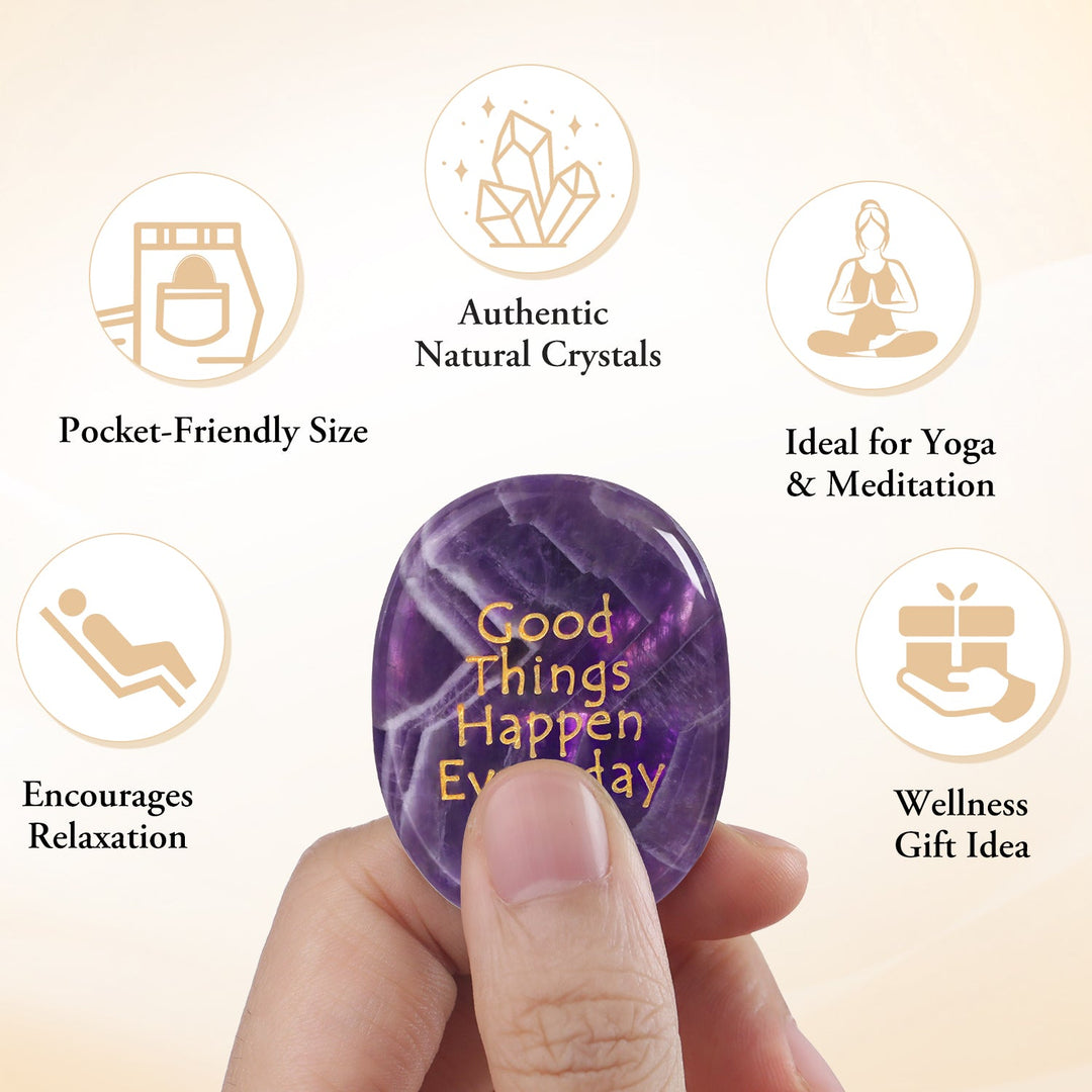 Purple oval pocket crystal stone held in hand, “Good Things Happen Everyday”