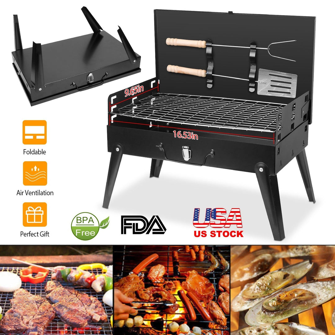 Foldable charcoal grill with large cooking rack and side shelf, open and closed