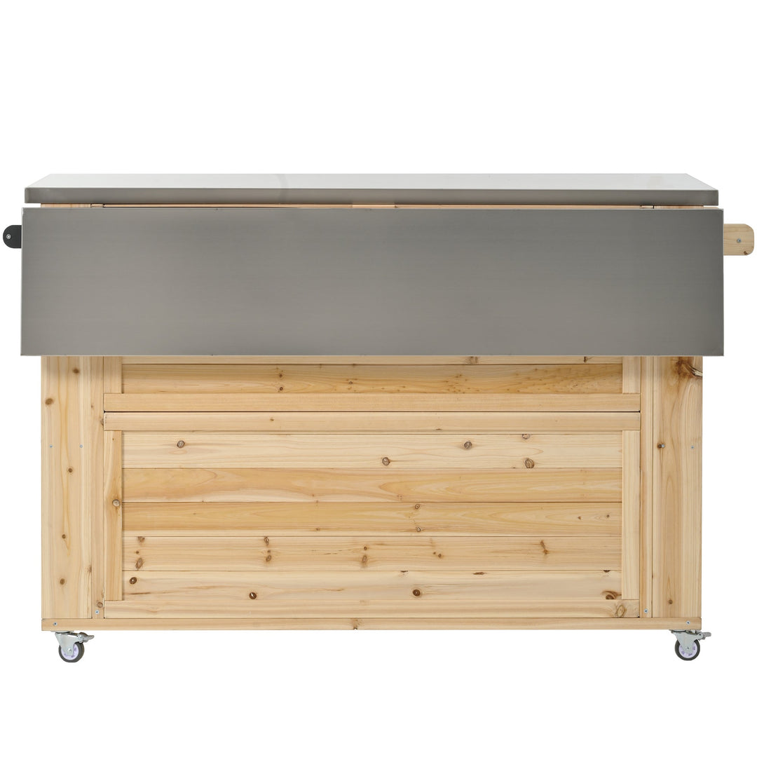 Fir Wood Kitchen Island with Stainless Steel Top