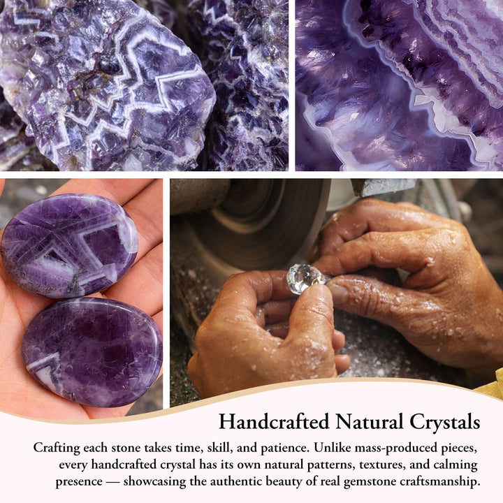 Close-up purple oval crystal pocket stone with natural swirl and “Good Things Happen Everyday”