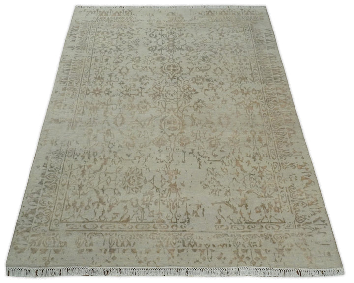 5x7 Fine Hand Knotted Beige and Brown Traditional Style Antique Wool and Silk Rug