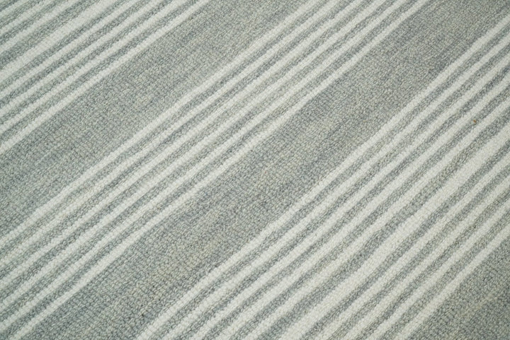 Modern Stripes Pattern Grey and Ivory Hand Tufted Wool Area Rug