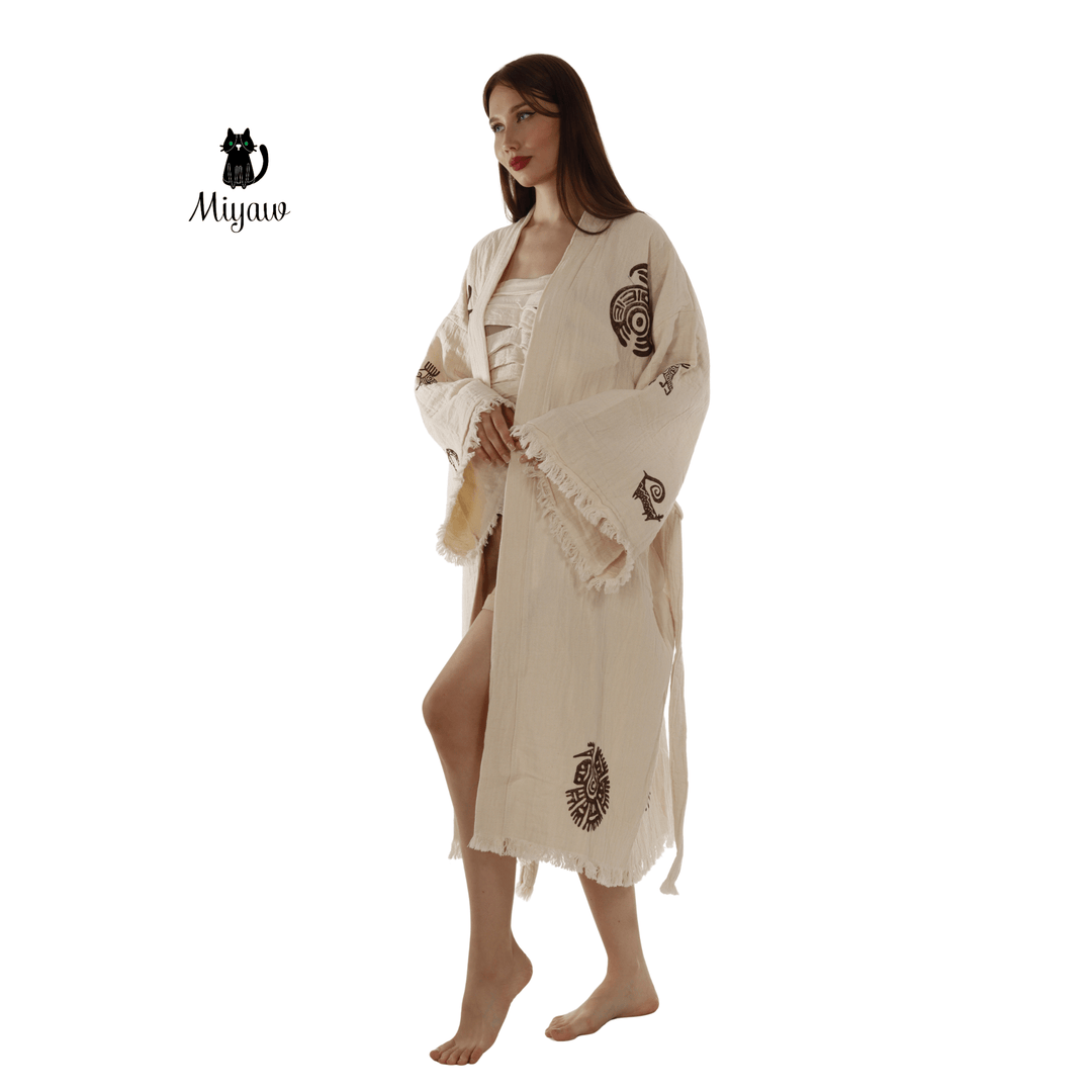 Beige cotton long kimono bathrobe with Aztec motifs and tassel fringe cuffs