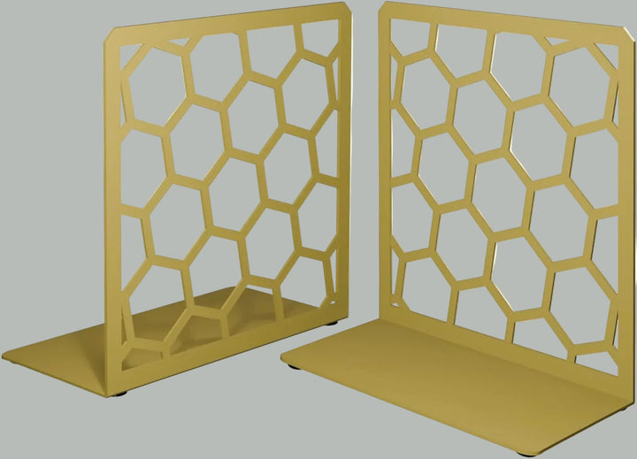 Gold honeycomb metal bookends with openwork hexagon pattern, angled base support.