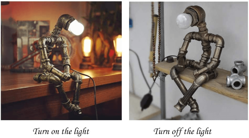 Steampunk pipe table lamp shown on and off: glowing Edison bulb and dark metal frame