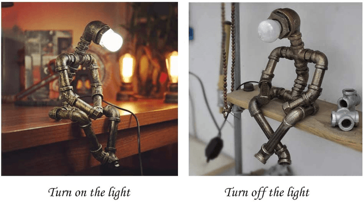 Steampunk pipe table lamp shown on and off: glowing Edison bulb and dark metal frame