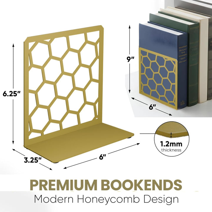 Gold honeycomb metal bookend with open hexagon pattern and flat base for books.