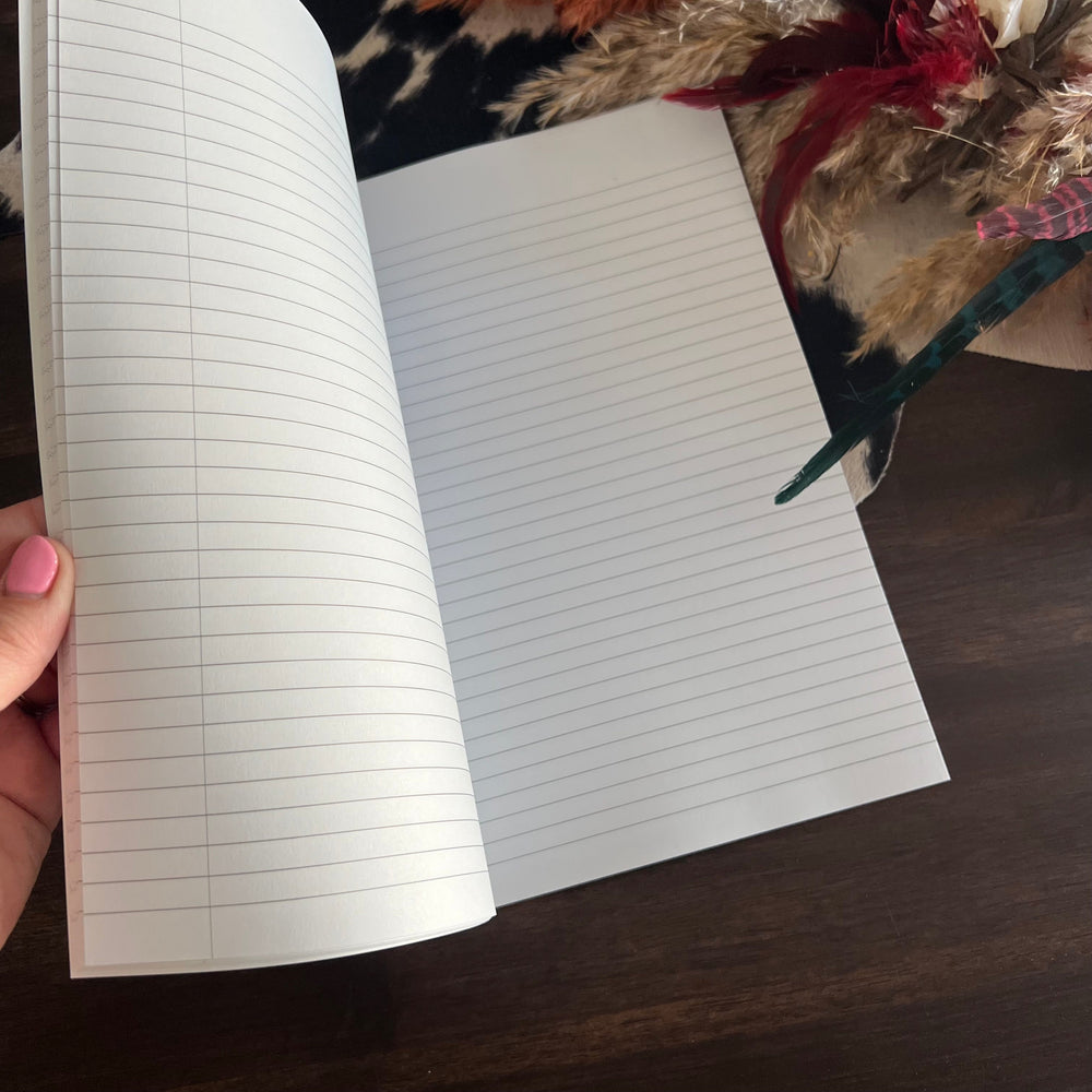 Lined notebook pages with evenly spaced horizontal lines, spiral binding visible