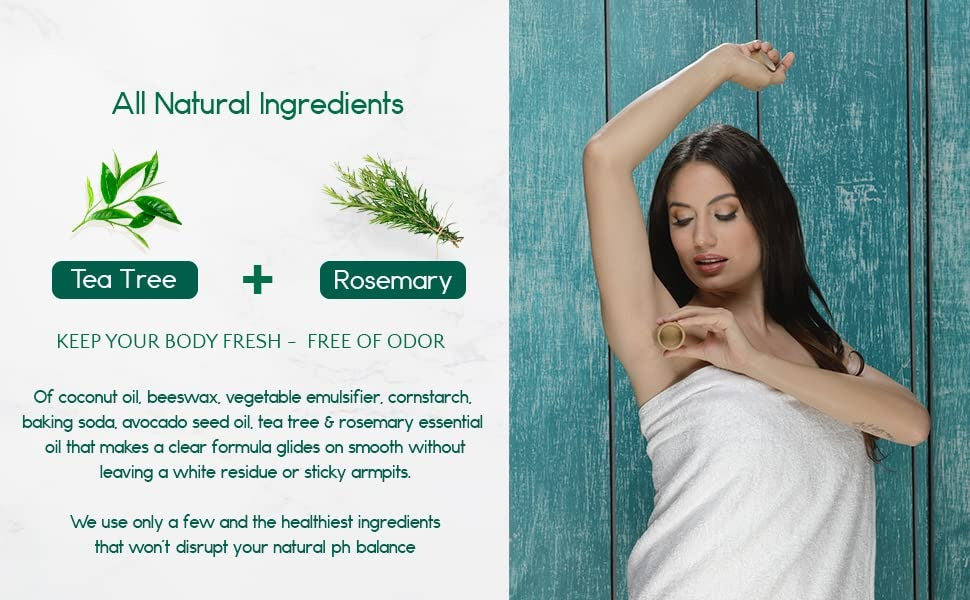 All-natural deodorant ingredients graphic with tea tree and rosemary callouts