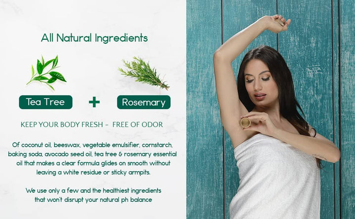 All-natural deodorant ingredients graphic with tea tree and rosemary callouts