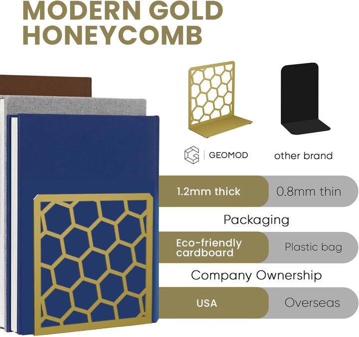 Modern gold honeycomb metal bookend with open hexagon pattern, front view.