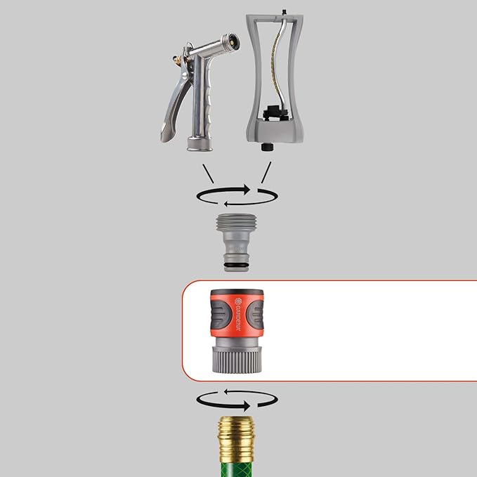 Garden hose connector with water stop shown in step-by-step connection diagram