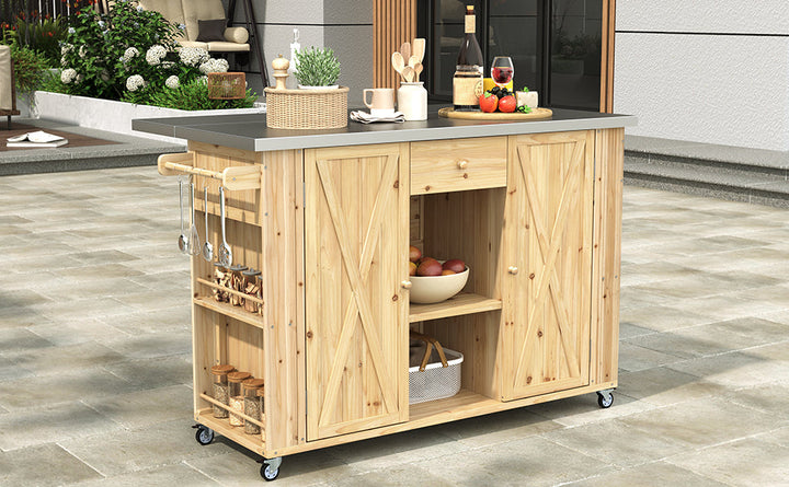 Fir Wood Kitchen Island with Stainless Steel Top