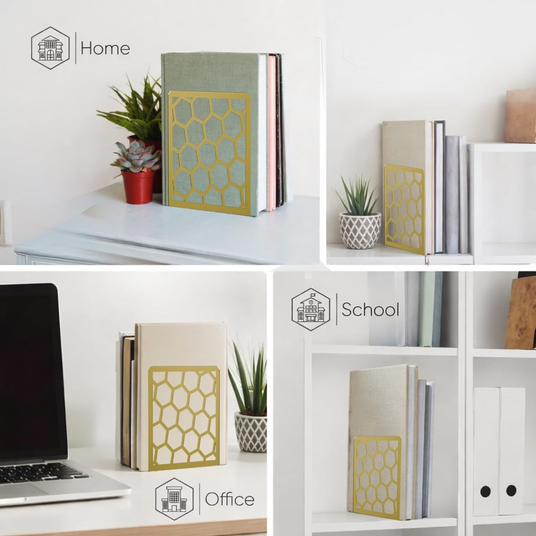 Gold honeycomb metal bookend standing among books on a shelf.