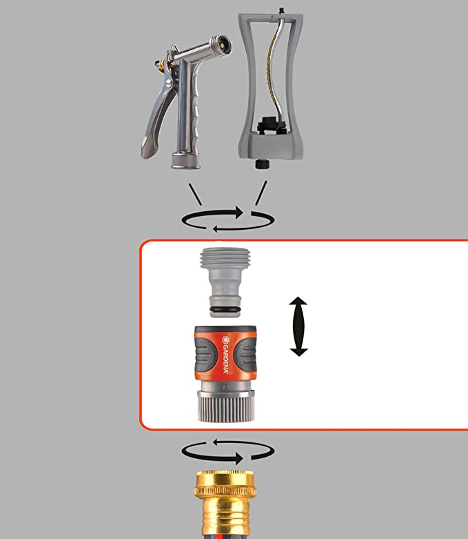 Hose connector quick adapter with push-to-lock action on threaded fitting