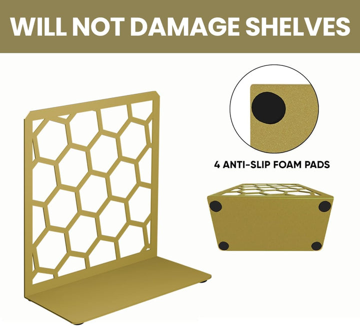 Gold honeycomb metal bookend with open hexagon design and anti-slip foam pads.