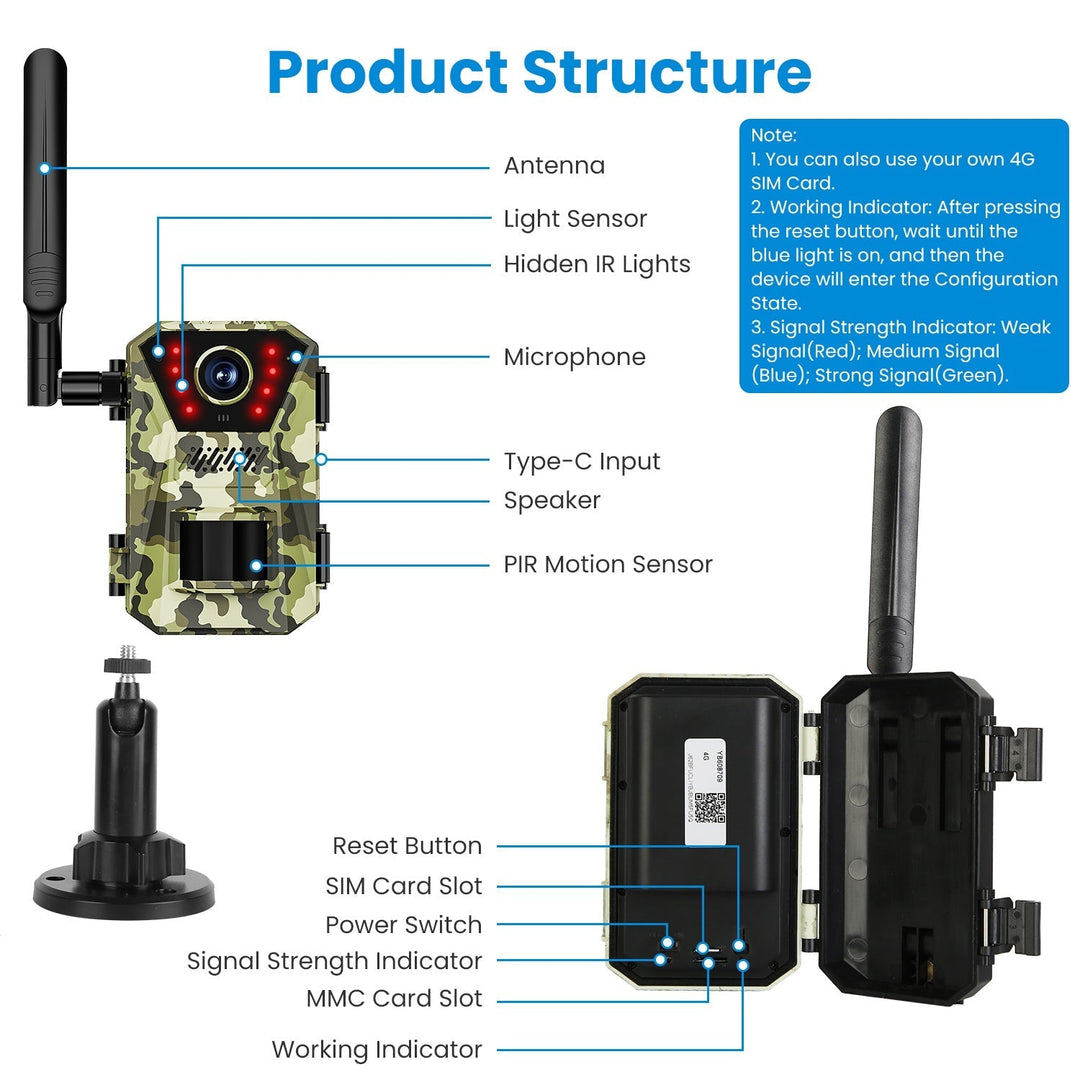 Solar trail camera product diagram with antenna, microphone, PIR sensor, speaker, and ports